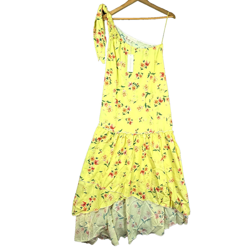 Paloma Blue Giselle Dress‎ Womens Large Yellow Fleur One Shoulder Asymmetric Hem